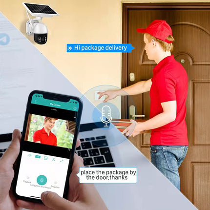 Person delivering a package with a smartphone app interface displayed on a laptop screen.