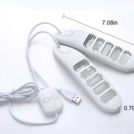 White USB-powered shoe dryer with measurement details on a white background