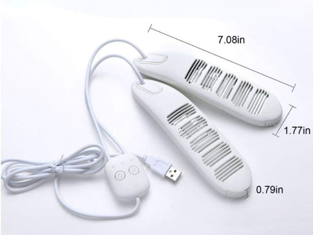 White USB-powered shoe dryer with measurement details on a white background