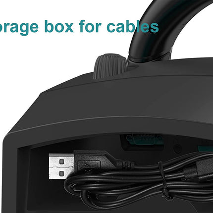 Black storage box with USB cable and other cables inside, labeled 'Storage box for cables'.