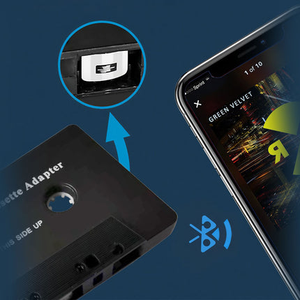 Bluetooth cassette adapter with smartphone displaying music app on blue background
