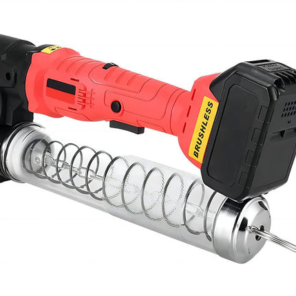 Red and black cordless drill with a metallic drill bit on a white background