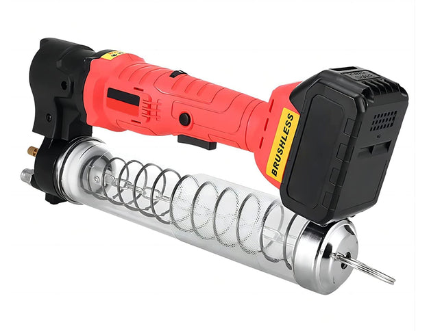 Red and black cordless drill with a metallic drill bit on a white background