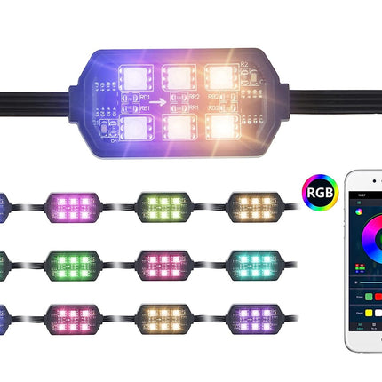 A 16-color RGB LED light strip controller module shown with multiple sample color configurations, an RGB color wheel icon, and a smartphone displaying a color-configuration app on a white background.