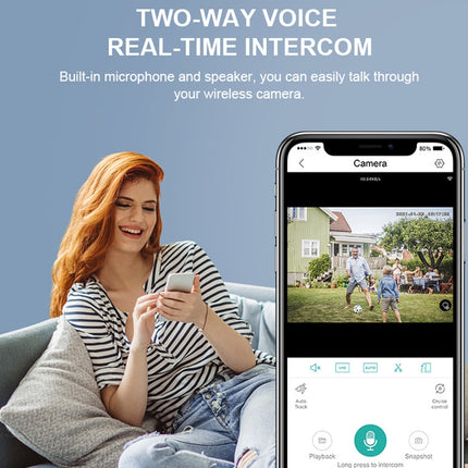 Woman using a smartphone with two-way voice real-time intercom feature on a screen.
