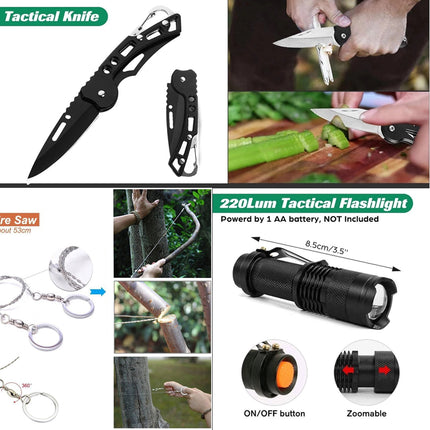 A composite product listing graphic for a tactical knife and flashlight set. The main panel shows a black tactical folding knife in open and closed views, with inset photos demonstrating use: slicing food, cutting wire, and cutting wood.