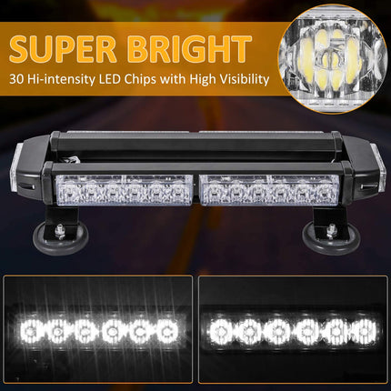 A black rectangular LED light bar with suction-style mounting feet, shown on a dark promotional background with the text 'SUPER BRIGHT' and '30 Hi-intensity LED Chips with High Visibility.' Two inset images below show the light bars glowing brightly.