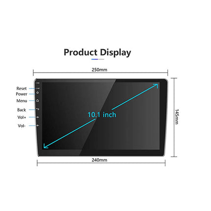 10.1-inch tablet display with dimensions and control buttons on a white background