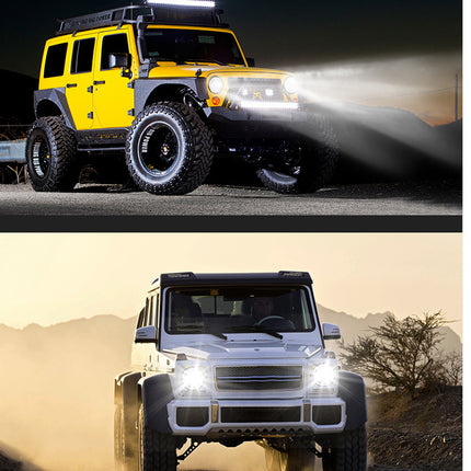 Top: Yellow off-road vehicle with headlights on at night. Bottom: Silver off-road vehicle on a dirt road with mountains in the background.