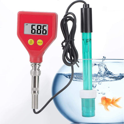 Digital pH water quality tester with a red body, LCD screen showing 6.86, and a clear blue-green probe, displayed next to a fishbowl with a goldfish on a white background.