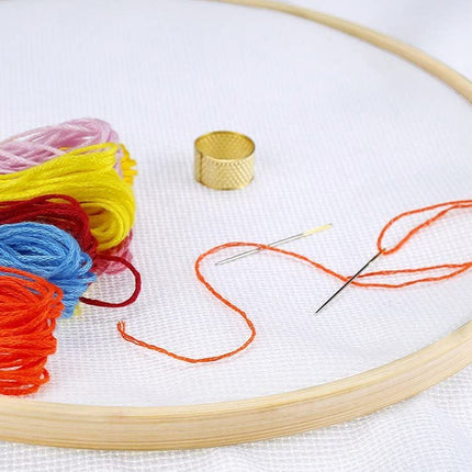 Embroidery hoop with colorful thread and a needle on a white background
