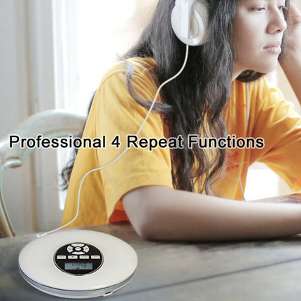 A person wearing white over-ear headphones sits at a table using a white portable CD player with a digital display and control buttons. The image includes the text overlay 'Professional 4 Repeat Functions'.