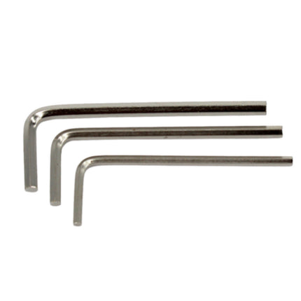 Three metal Allen wrenches of different sizes on a white background