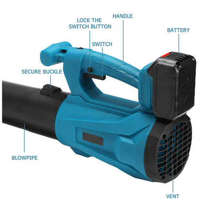 Blue handheld leaf blower with labeled parts on a white background