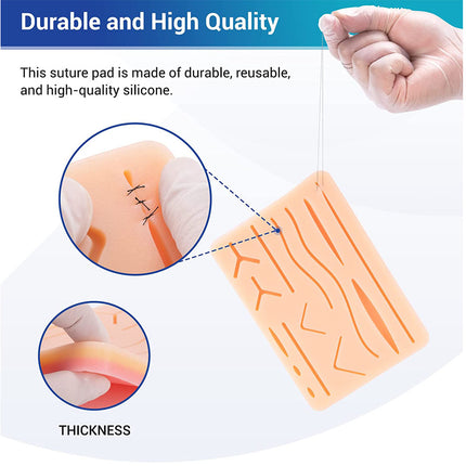 Suture pad with text highlighting durability and quality, showing a hand holding a thread.