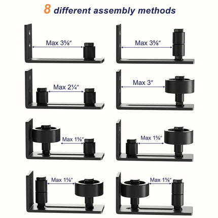 Illustration of 8 different assembly methods for a shelf system with maximum dimensions shown.