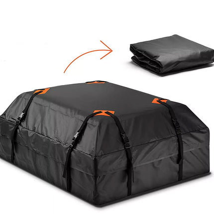 Black roof cargo bag with orange accents on a white background