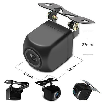 Black rear-view backup camera with a metal mounting bracket, shown with dimension labels indicating 23mm height, 30mm width, and 23mm depth, plus three smaller alternate views on a white background.