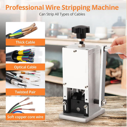 Professional wire stripping machine with features highlighted on a wooden surface.