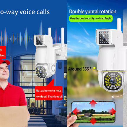 Security camera with two-way voice calls and double Yuntai rotation features, shown with a delivery person and smartphone interface.