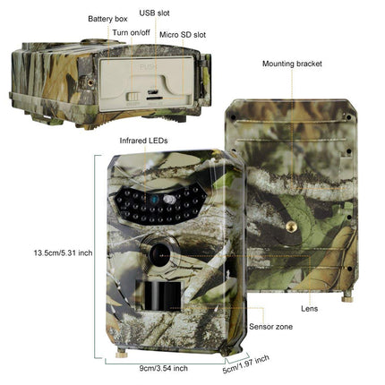 Camouflage trail camera with labeled parts on a white background