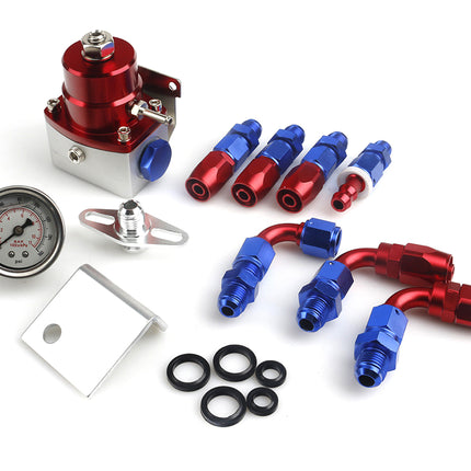 Collection of automotive parts including a red and silver valve, blue and red fittings, and a pressure gauge on a white background.