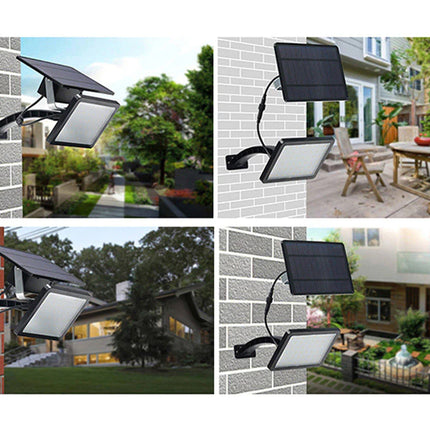Collage of solar-powered outdoor lights in various settings.