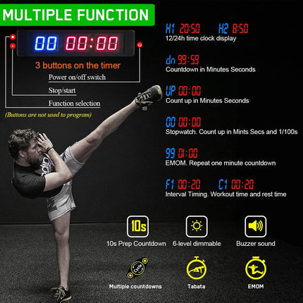 Digital timer with various functions displayed on a black background, featuring a person performing a kick.
