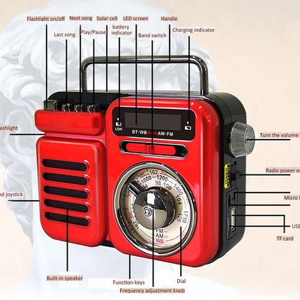 Emergency Weather Radio - 4-in-1 with Solar & Hand-Crank Power | AM/FM/NOAA, Bluetooth Speaker, LED Flashlight, SOS Alarm, 2000mAh Power Bank, RC-15187