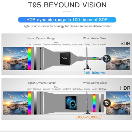 An infographic titled 'T95 BEYOND VISION' comparing HDR and SDR display capabilities, with diagrams of dynamic range, color bars, and landscape imagery on a white background.