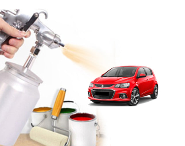 Paint spray gun and cans with a red car on a white background
