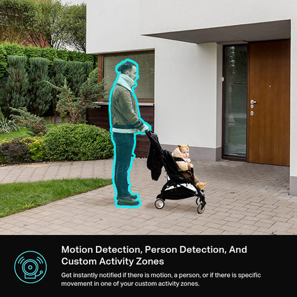 A lifestyle demonstration of a smart stroller camera showing a person and child outside a modern house, with a cyan outline highlighting the motion detection feature. A black banner at the bottom contains feature text.