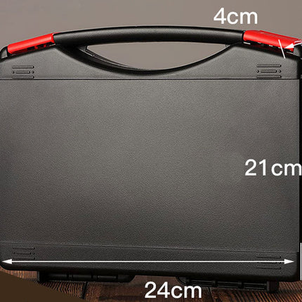 A black hard carrying case with a top handle and red latch accents, shown with overlaid dimension labels reading 24cm, 21cm, and 4cm on a brown tabletop against a neutral background.