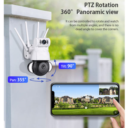 Outdoor security camera with 360-degree panoramic view capabilities, shown on a wall with a smartphone display.