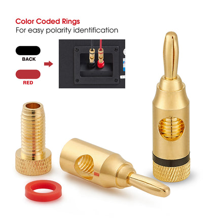Gold electrical connectors with color-coded rings for polarity identification on a white background.