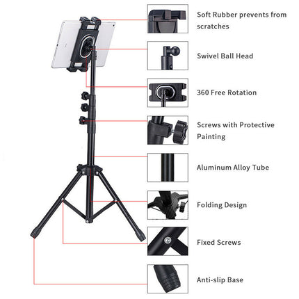 Phone holder with stand and features listed on a white background