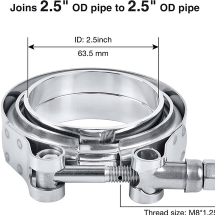 Metal pipe fitting joining two 2.5-inch OD pipes with measurements and thread size details.