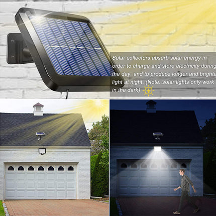 Solar light fixture on a wall with text explaining solar energy absorption, shown in daylight and at night.