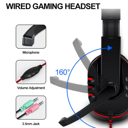 Wired gaming headset with microphone, volume adjustment, and 3.5mm jack features on a white background.