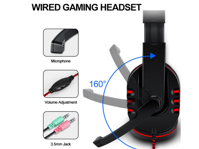 Wired gaming headset with microphone, volume adjustment, and 3.5mm jack features on a white background.