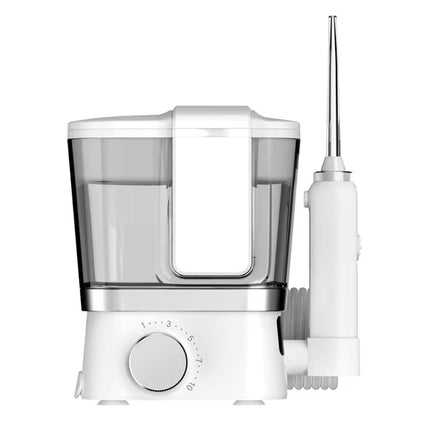 White and silver electric oral irrigator with a clear water tank and an attached nozzle wand, shown on a plain white background.
