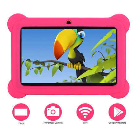 Children's tablet with pink case and parrot on screen, features displayed below.