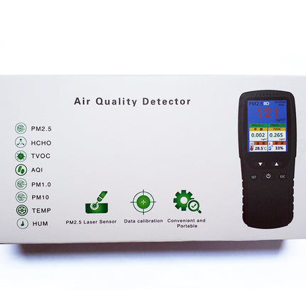 Air quality detector with digital display on a white background