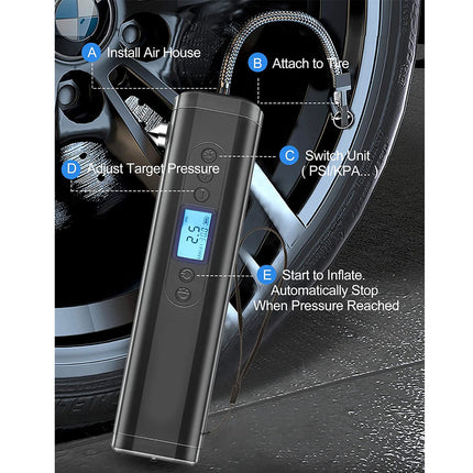A black digital air pump for inflating car tires, shown with a braided hose attached to a tire valve and overlaid instructional labels explaining how to use it.