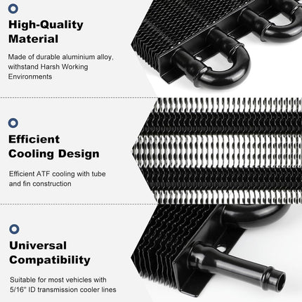 Aluminum alloy transmission cooler with text highlighting features on a white background