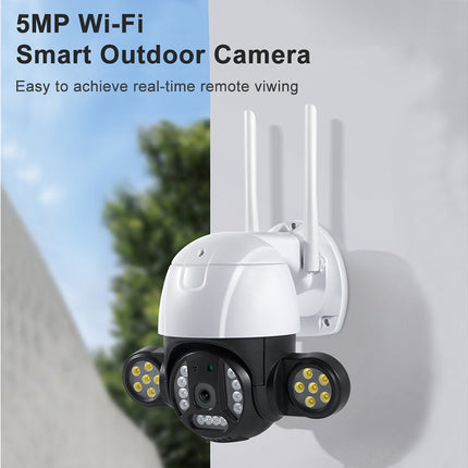 5MP Wi-Fi Smart Outdoor Camera on a wall with clear sky and trees in the background