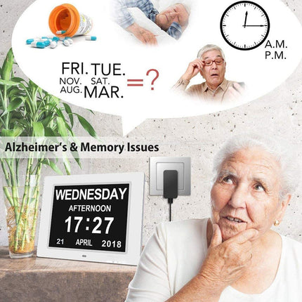 Promotional graphic for Alzheimer's and memory issues, featuring an elderly woman in a home setting next to a digital clock showing 'WEDNESDAY AFTERNOON 17:27', with a speech bubble showing a pill bottle, a clock, and other memory-related imagery.