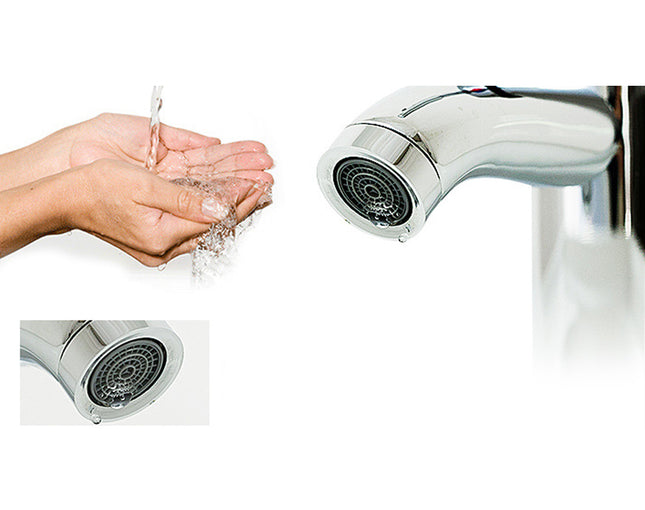 Hand washing with a modern faucet and close-up of the faucet head.