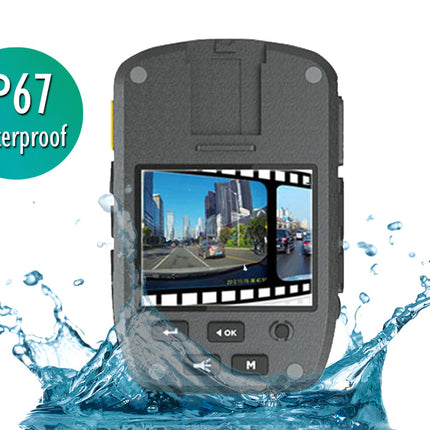 Waterproof device with screen displaying a cityscape, surrounded by water splashes, on a white background.