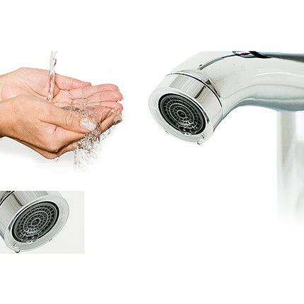 Hand washing with a modern faucet and close-up of the faucet head.